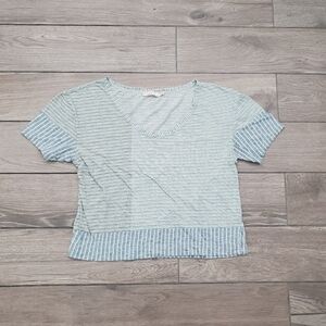 prAna organic cotton blue green white contrast stripe V-neck crop tee